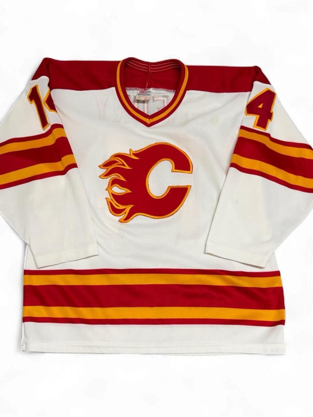 Vintage 90s CCM Calgary Flames Theoren Fleury #14 White Hockey Jersey